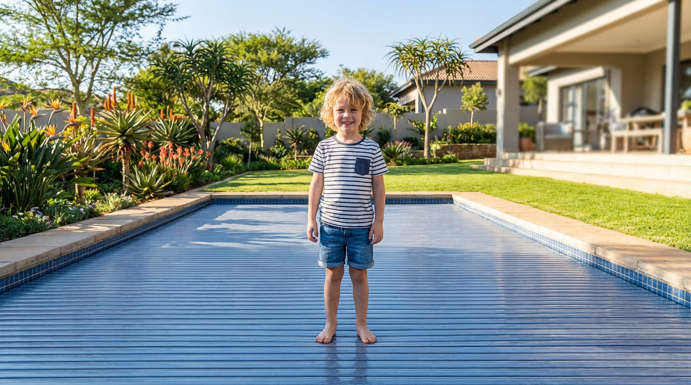Young child safely standing on Designer Pool Cover demonstrating weight-bearing safety features in a beautiful Gauteng garden