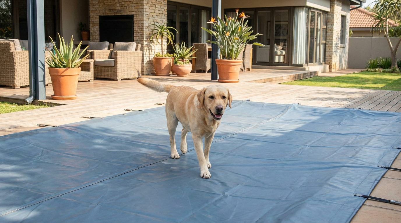 Family dog safely walking on Designer Pool Cover demonstrating weight-bearing safety capacity