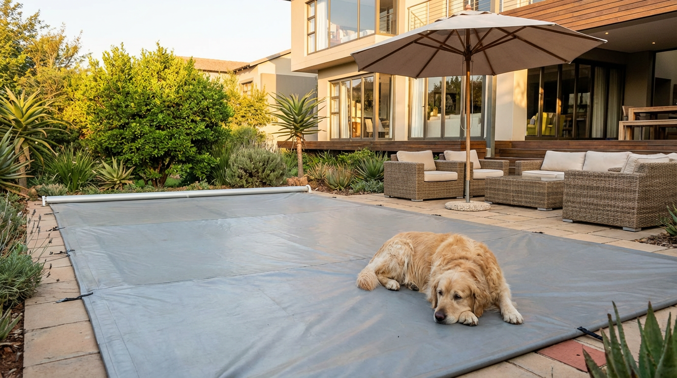 Relaxed golden retriever lying safely on pool cover in beautiful Gauteng garden setting