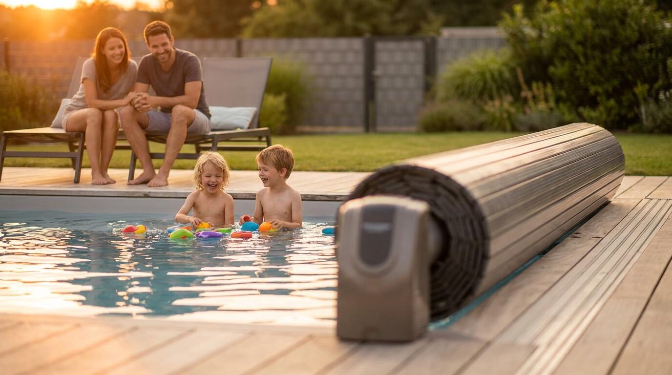 Family enjoying benefits of pool cover - energy savings and safety
